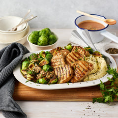 Pork Loin Steaks with Creamy Mushroom and Brussels Sprouts