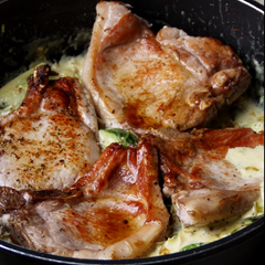 Pork Chops with Chestnuts, Brussel Sprouts and Mustard Cream