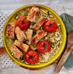 Roasted Pork Belly w/ Saffron Cannellini Beans, Fennel And Roasted Tomatoes
