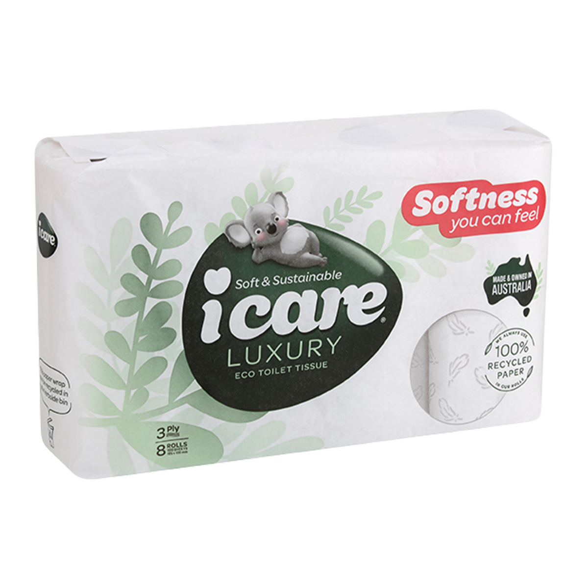 icare Eco Toilet Tissue Paper 3 Ply 180 Sheets x8
