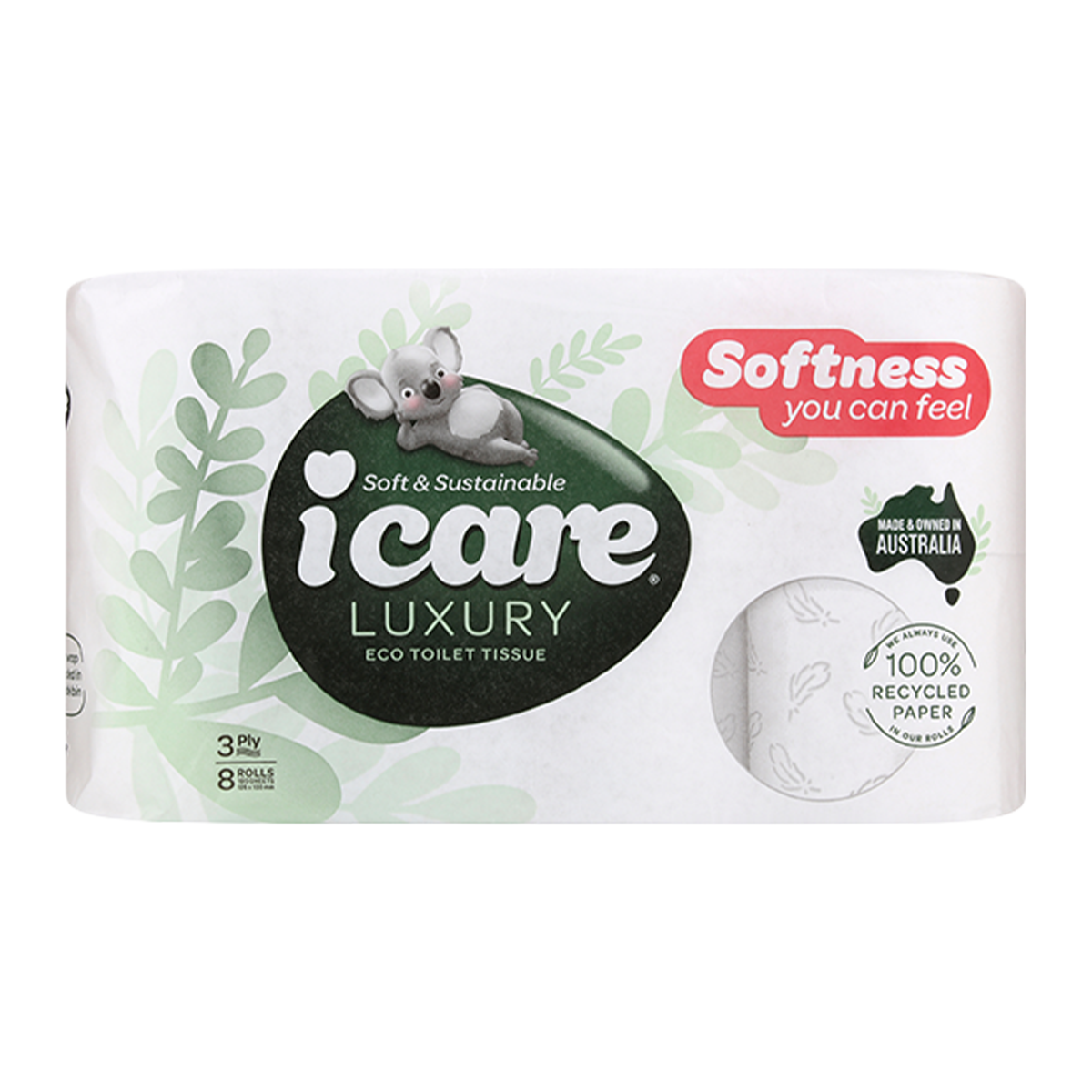icare Eco Toilet Tissue Paper 3 Ply 180 Sheets x8
