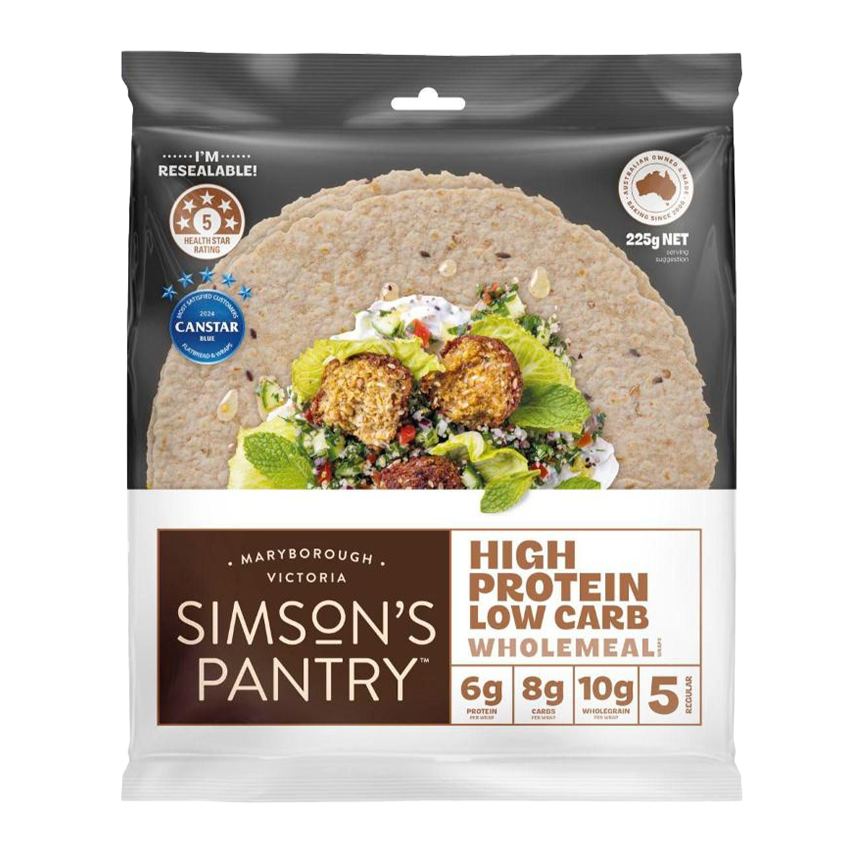 Simson's Pantry High Protein Low Carb Wholemeal Wrap x5 210g