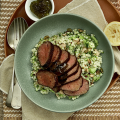 Lamb Backstrap - with Giant Couscous, Cannellini Bean, Broccoli and Mint Jelly