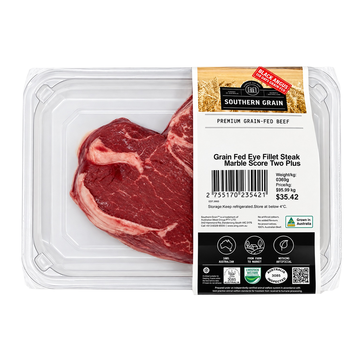 Southern Grain Premium Grain Fed Beef Eye Fillet Steak MB2 250-350g