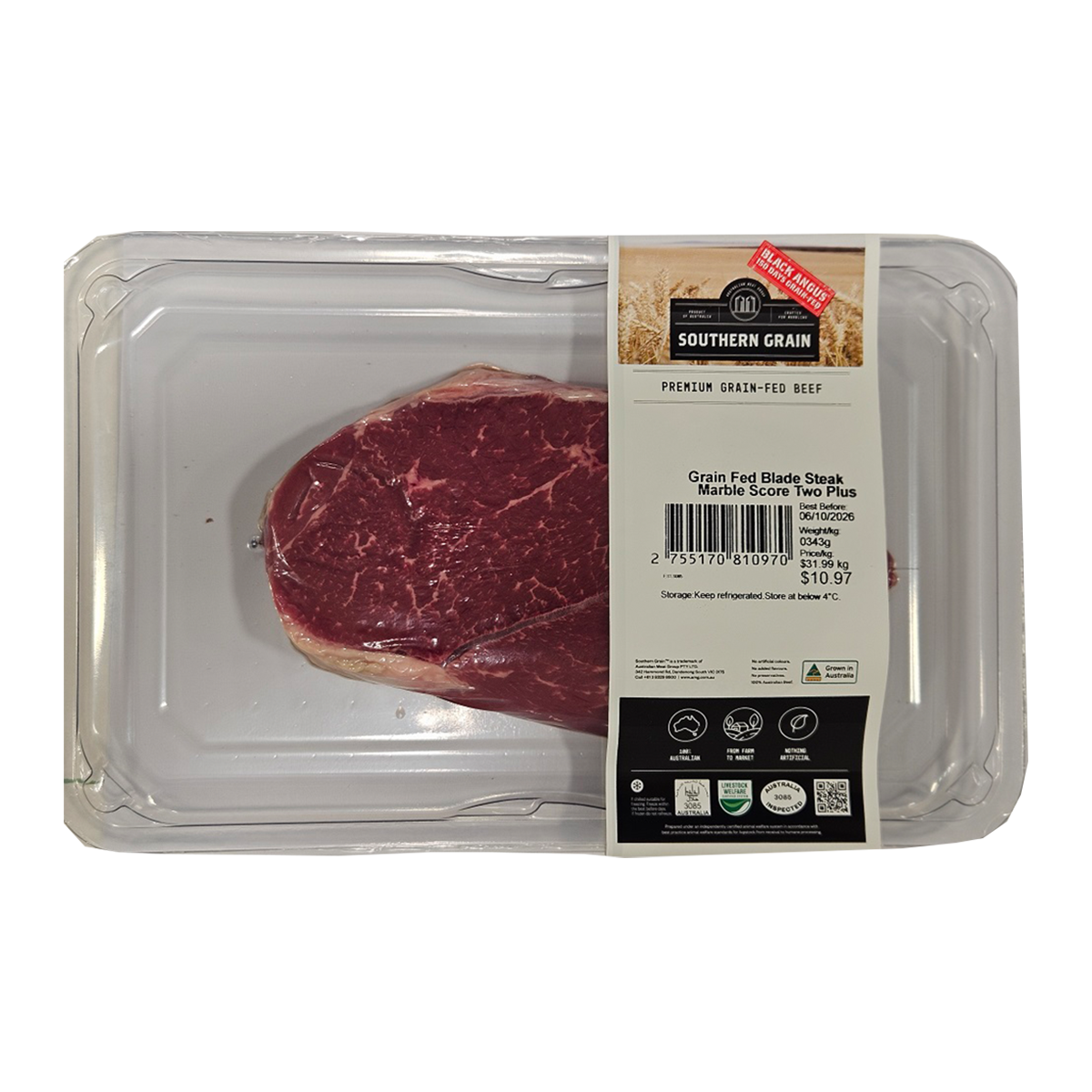 Southern Grain Premium Grain Fed Beef Bolar Blade Steak MB2 400-500g