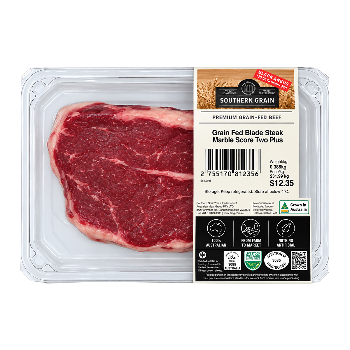 Southern Grain Premium Grain Fed Beef Bolar Blade Steak MB2 400-500g