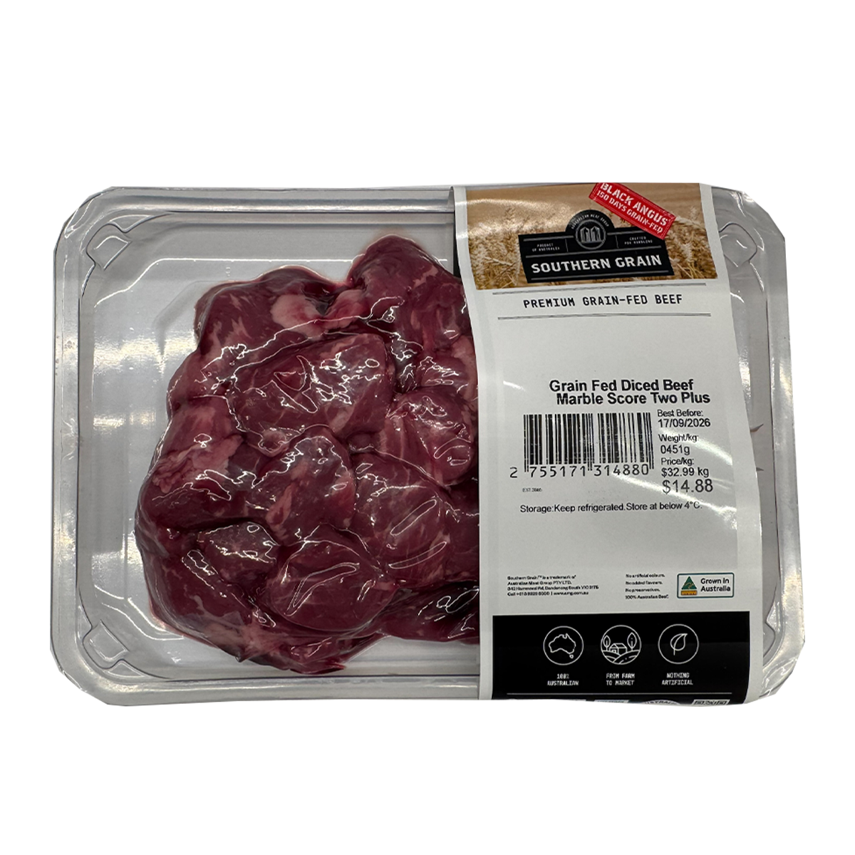 Southern Grain Premium Grain Fed Beef Diced MB2 400-500g