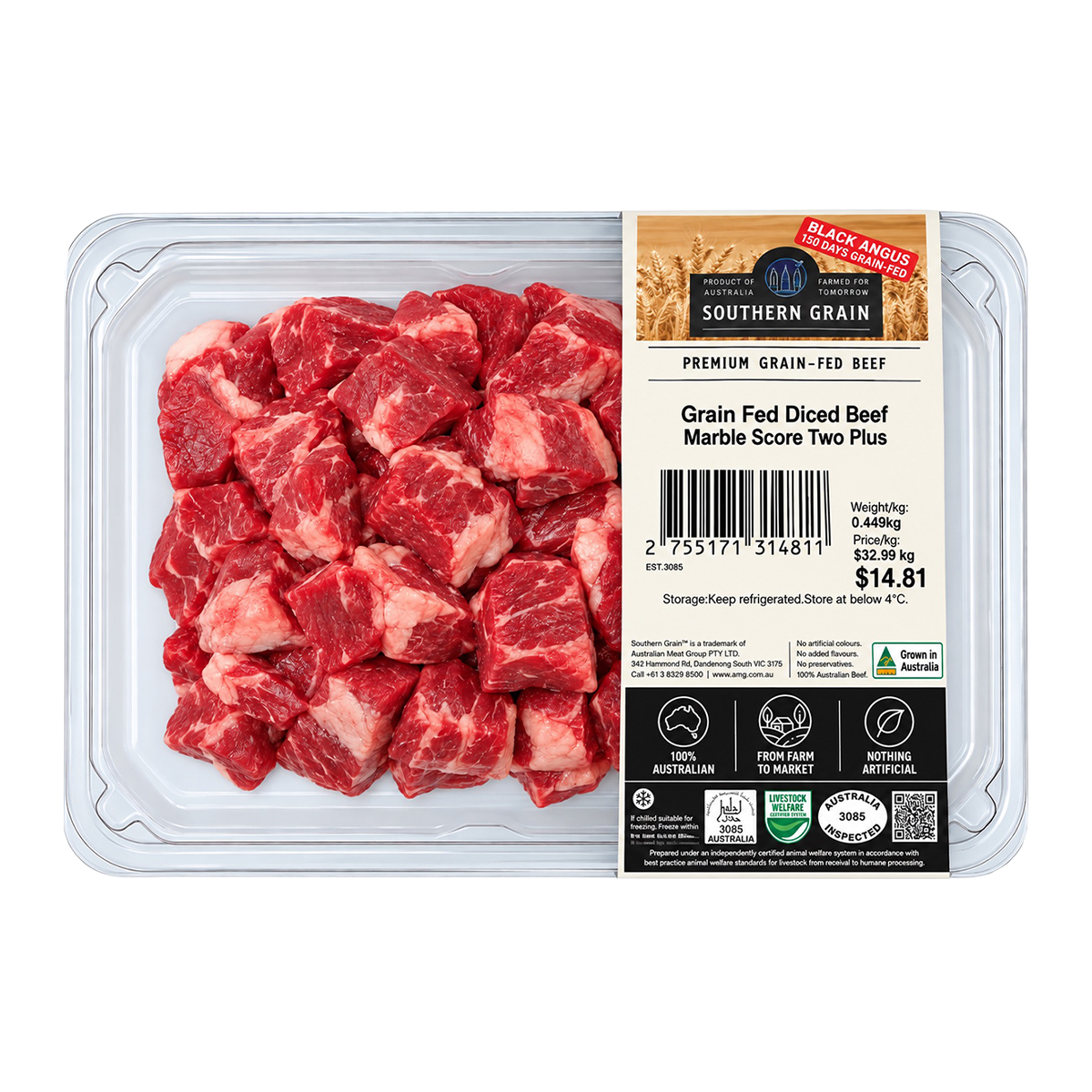 Southern Grain Premium Grain Fed Beef Diced MB2 400-500g