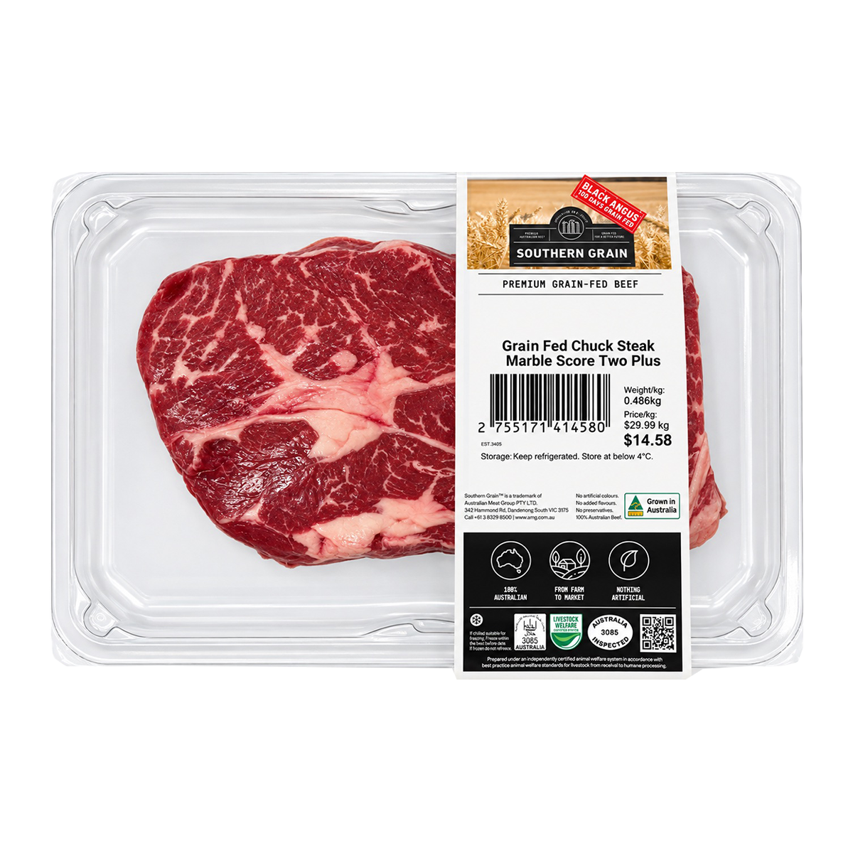 Southern Grain Premium Grain Fed Beef Beef Chuck Steak MB2 400-500g