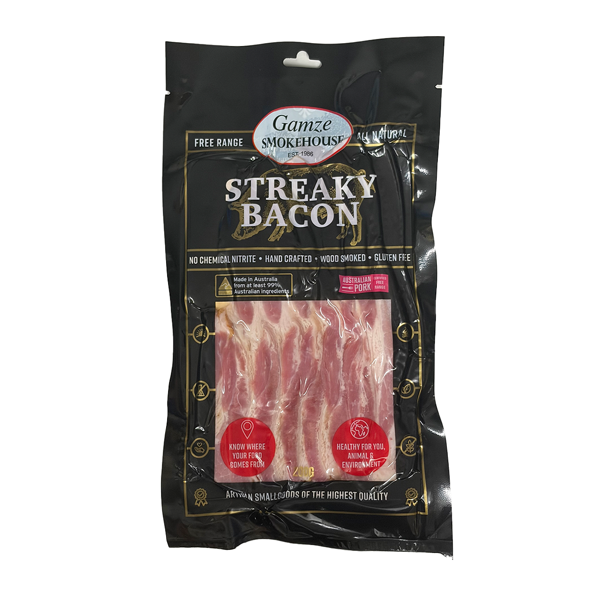 Gamze Smokehouse Nitrite Free Free Range Streaky Bacon 200g