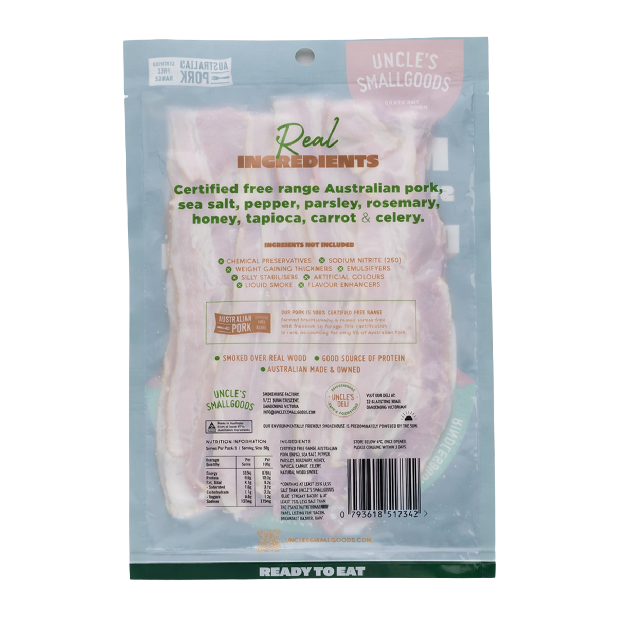 Uncle's Smallgoods Nitrite Free Free Range Bacon 150g