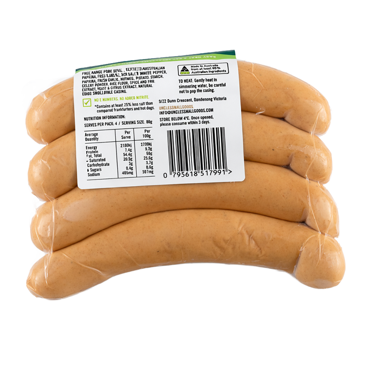 Uncle Smallgoods Nitrite Free Free Range Pork Franks 320g