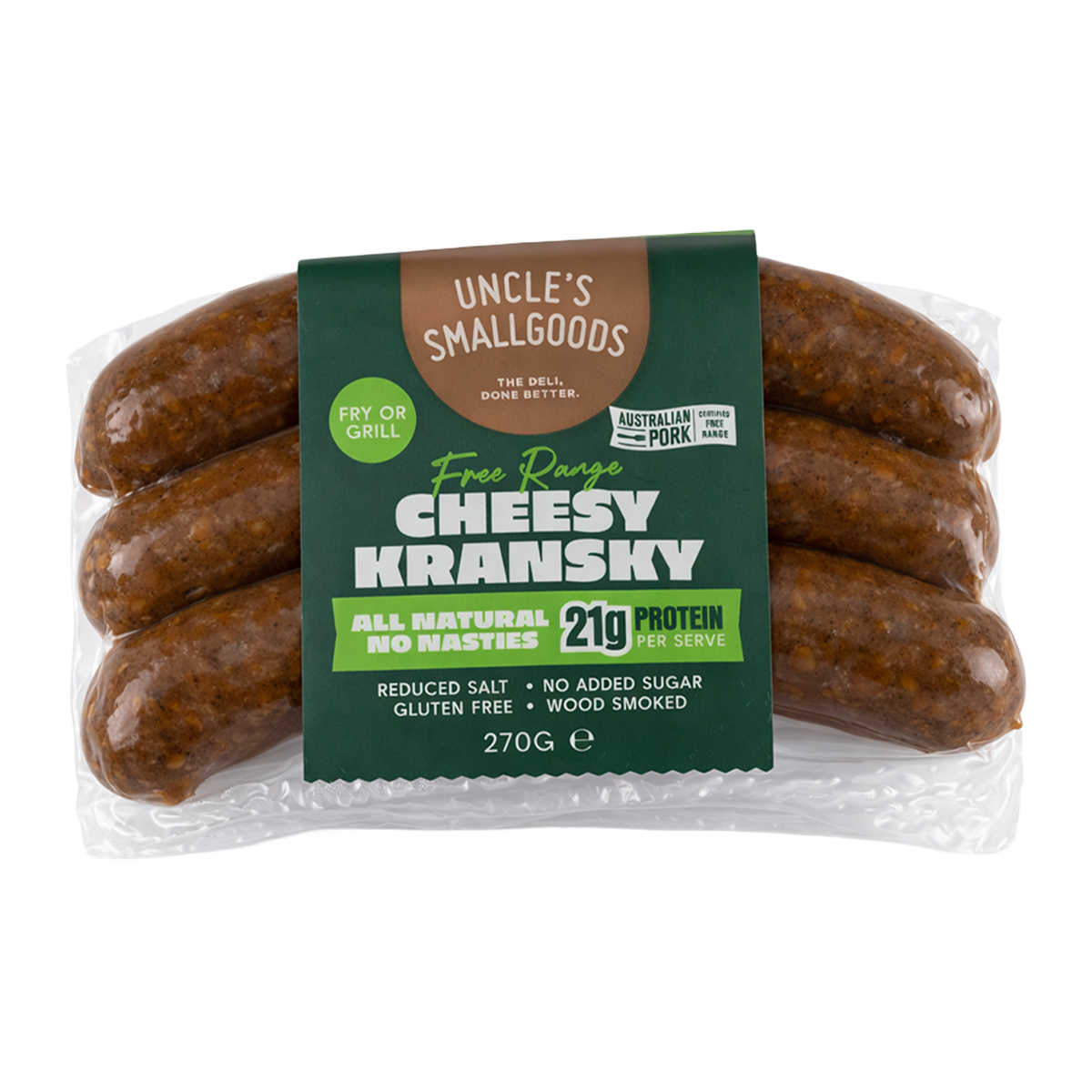 Uncle Smallgoods Nitrite Free Free Range Pork Cheesy Kransky 270g