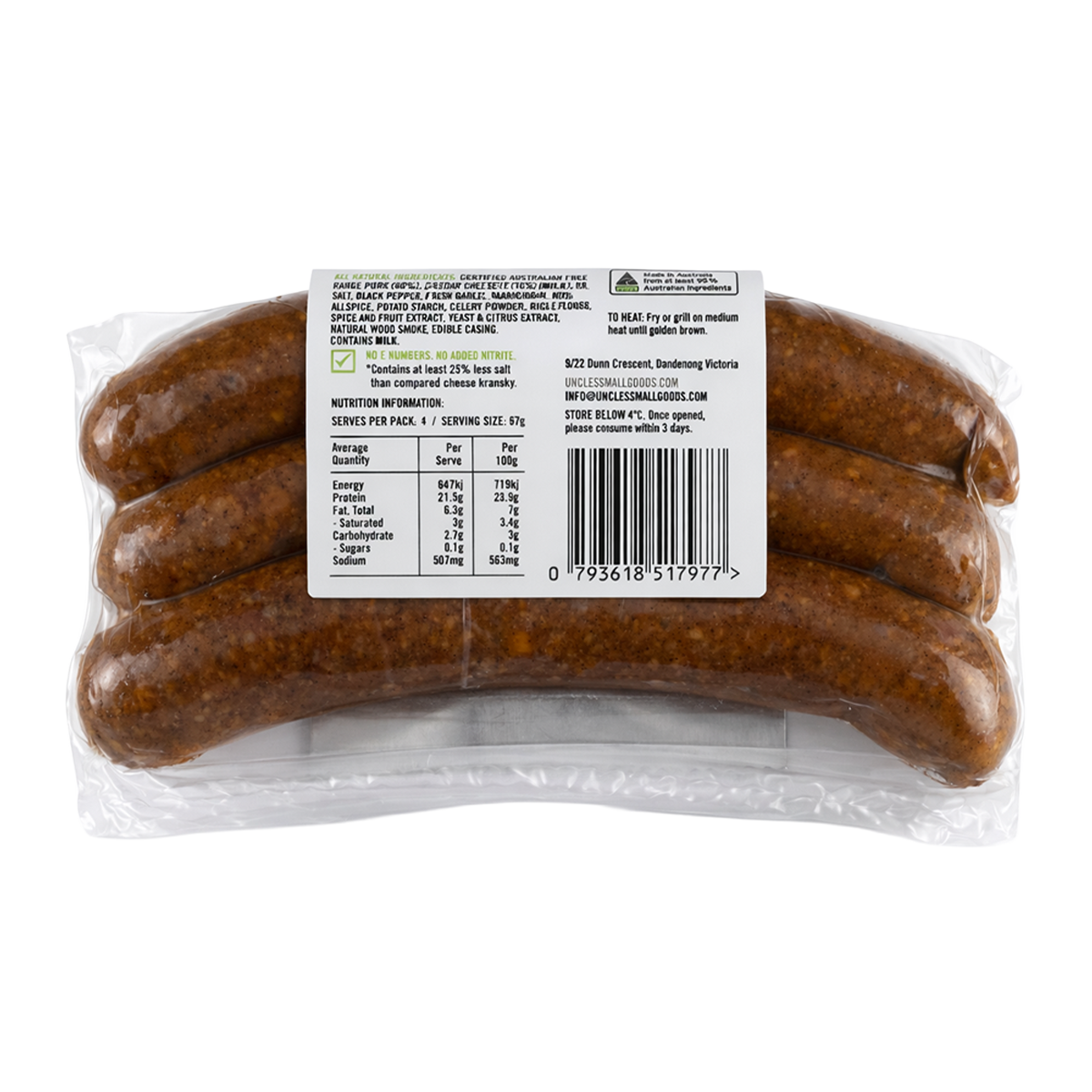 Uncle Smallgoods Nitrite Free Free Range Pork Cheesy Kransky 270g