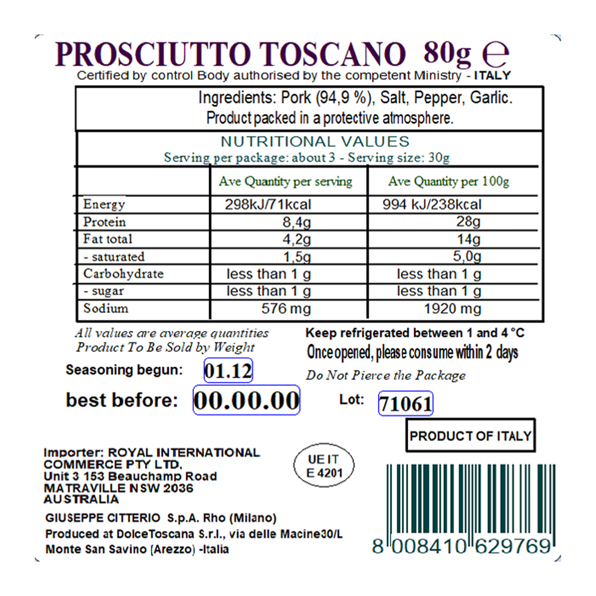 Citterio Prosciutto Toscano 80g