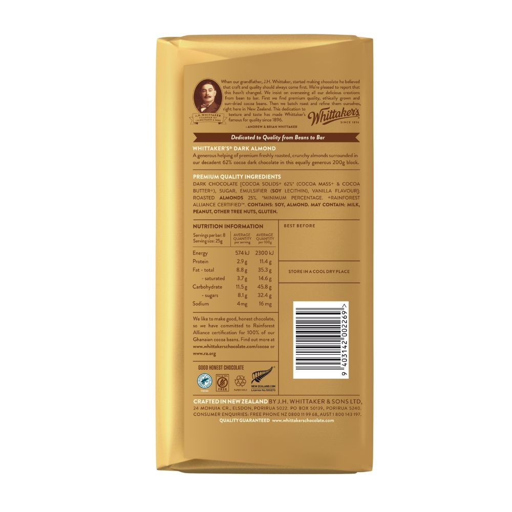 Whittakers Dark Almond Chocolate 200g