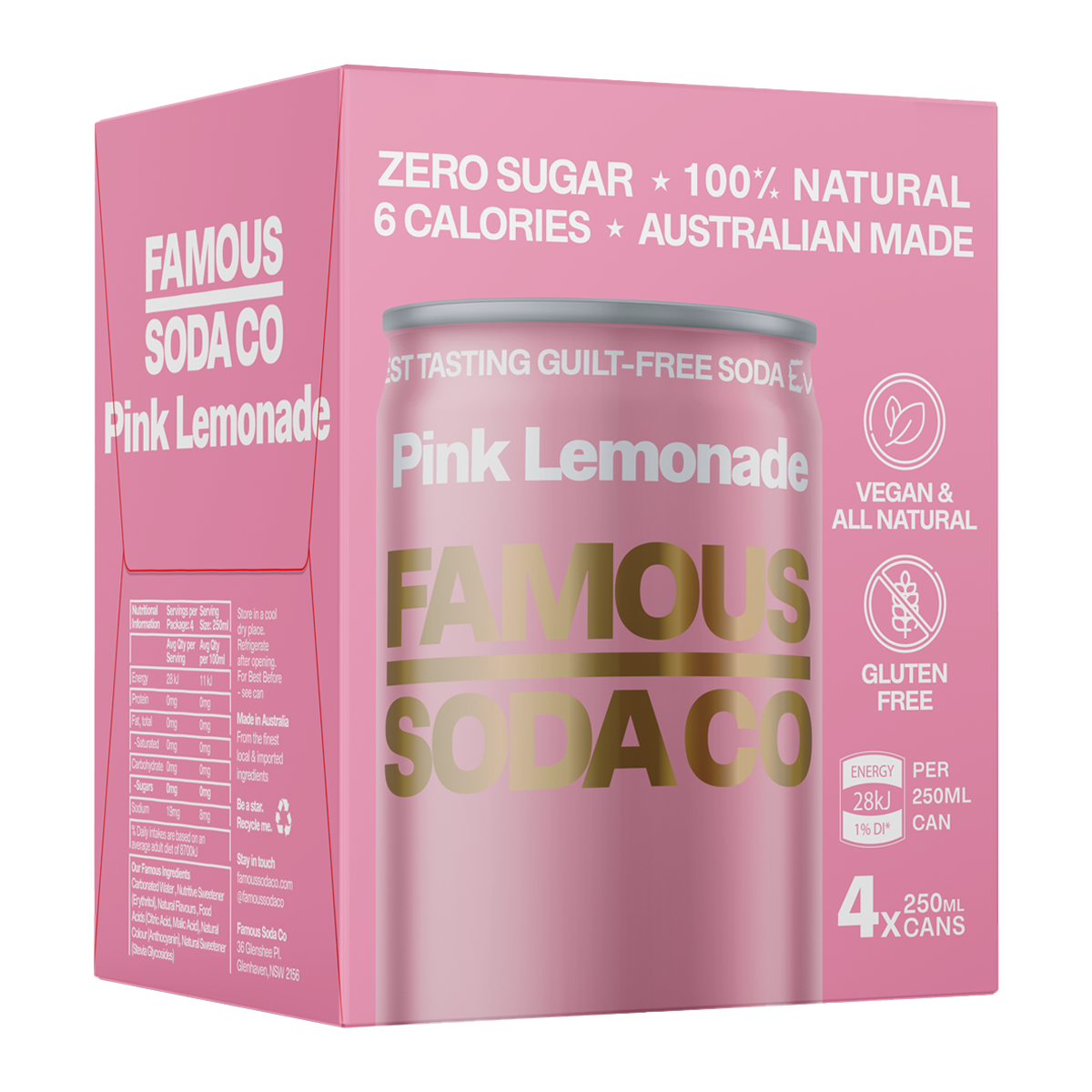 Famous Soda Co. Sugar Free Pink Lemonade 4 x 250ml