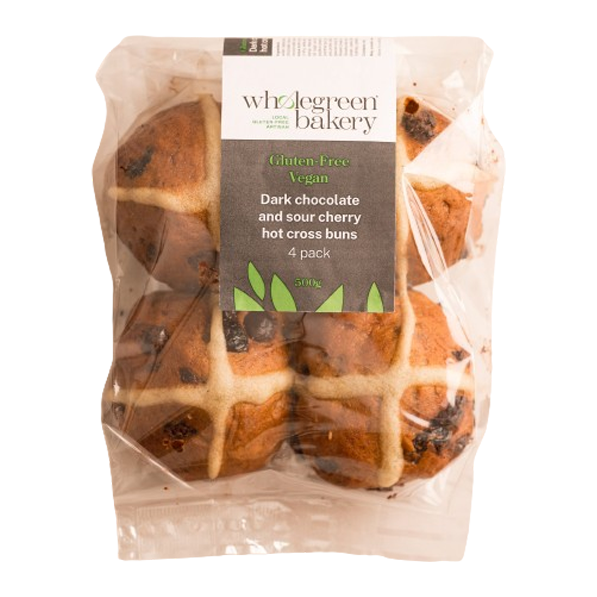 Wholegreen Bakery Gluten Free Vegan Chocolate & Sour Cherry Hot Cross Buns 4 Pack 500g