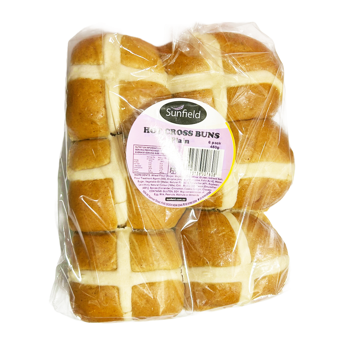 Sunfield Hot Cross Buns Plain 6 Pack 450g
