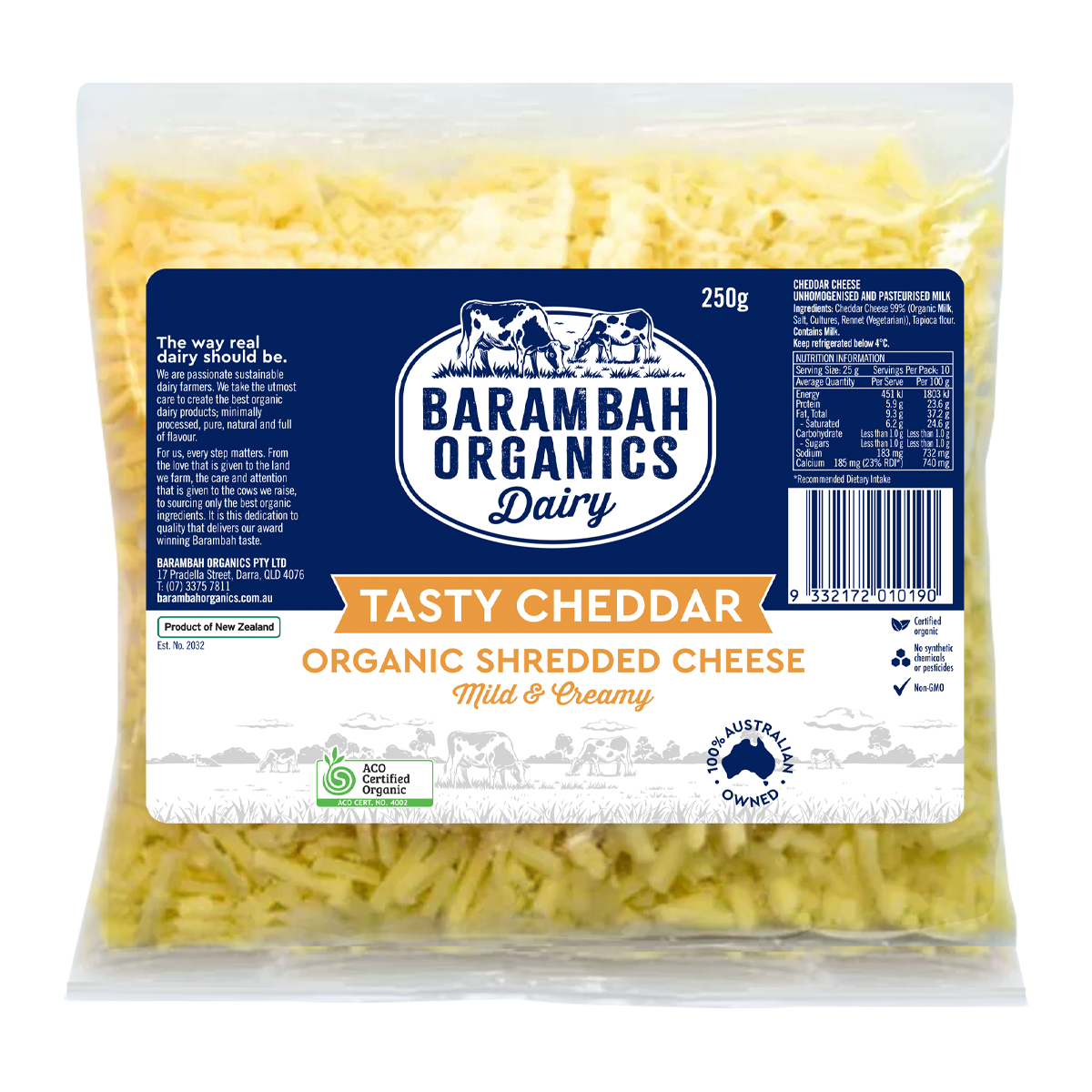 Barambah Organics Tasty Cheddar Shredded Cheese 250g