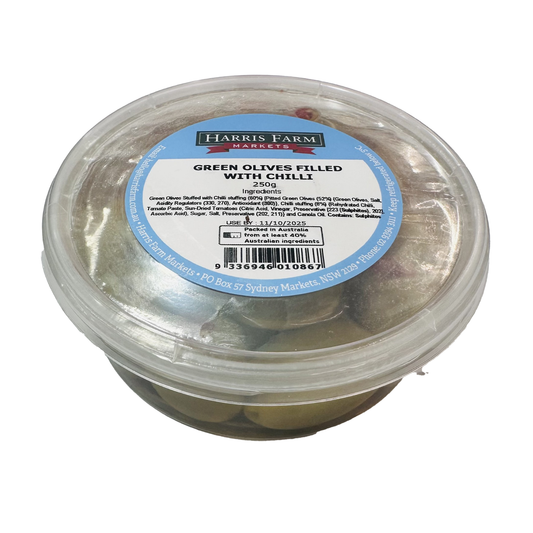 Harris Farm Green Olive Halves & Chilli 250g