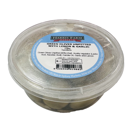 Harris Farm Green Olives Lemon & Garlic 250g