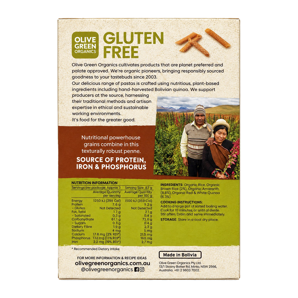 Olive Green Organic Andean Grains Penne Gluten Free 250g