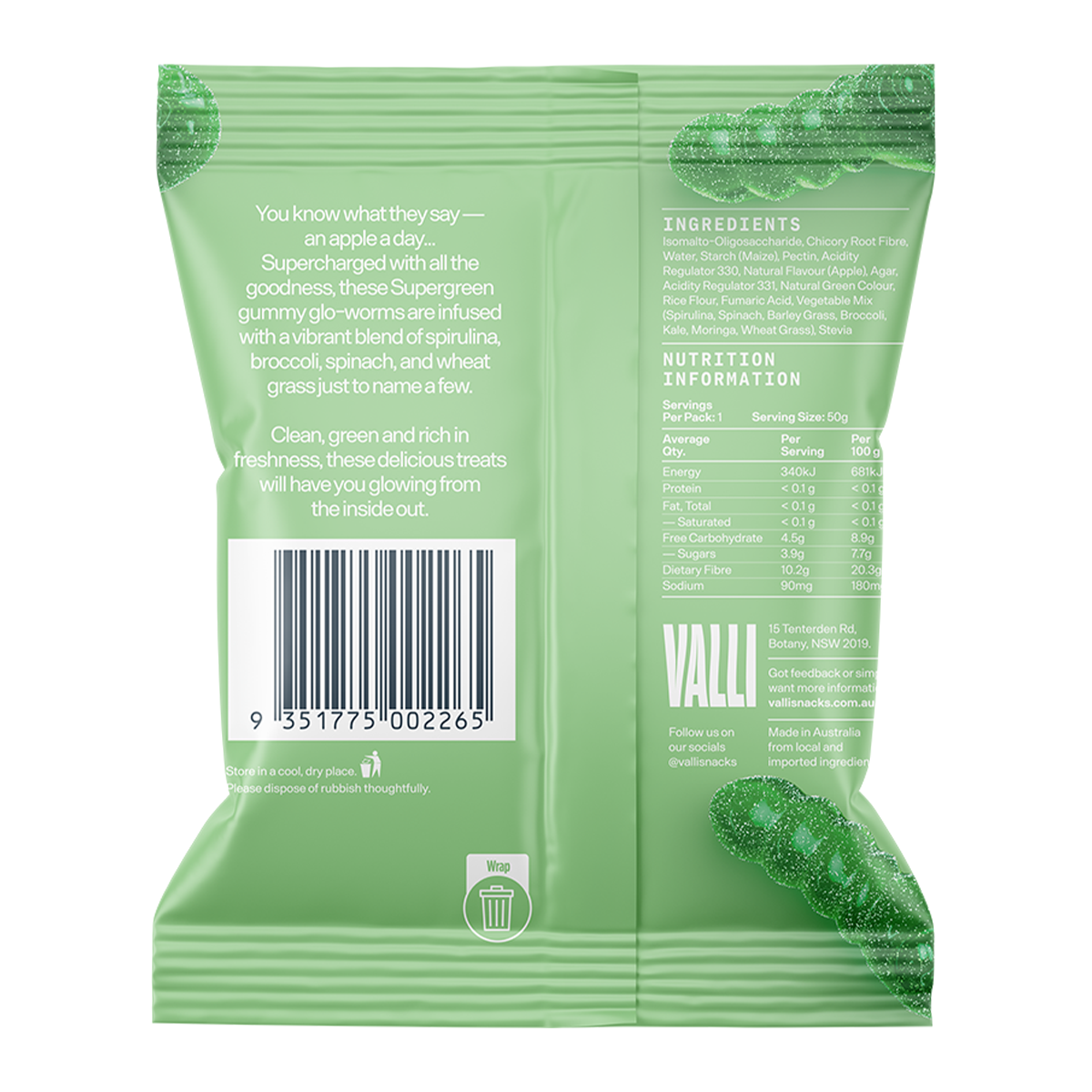 Vali Gummies Sour Apple Glo-worms 50g
