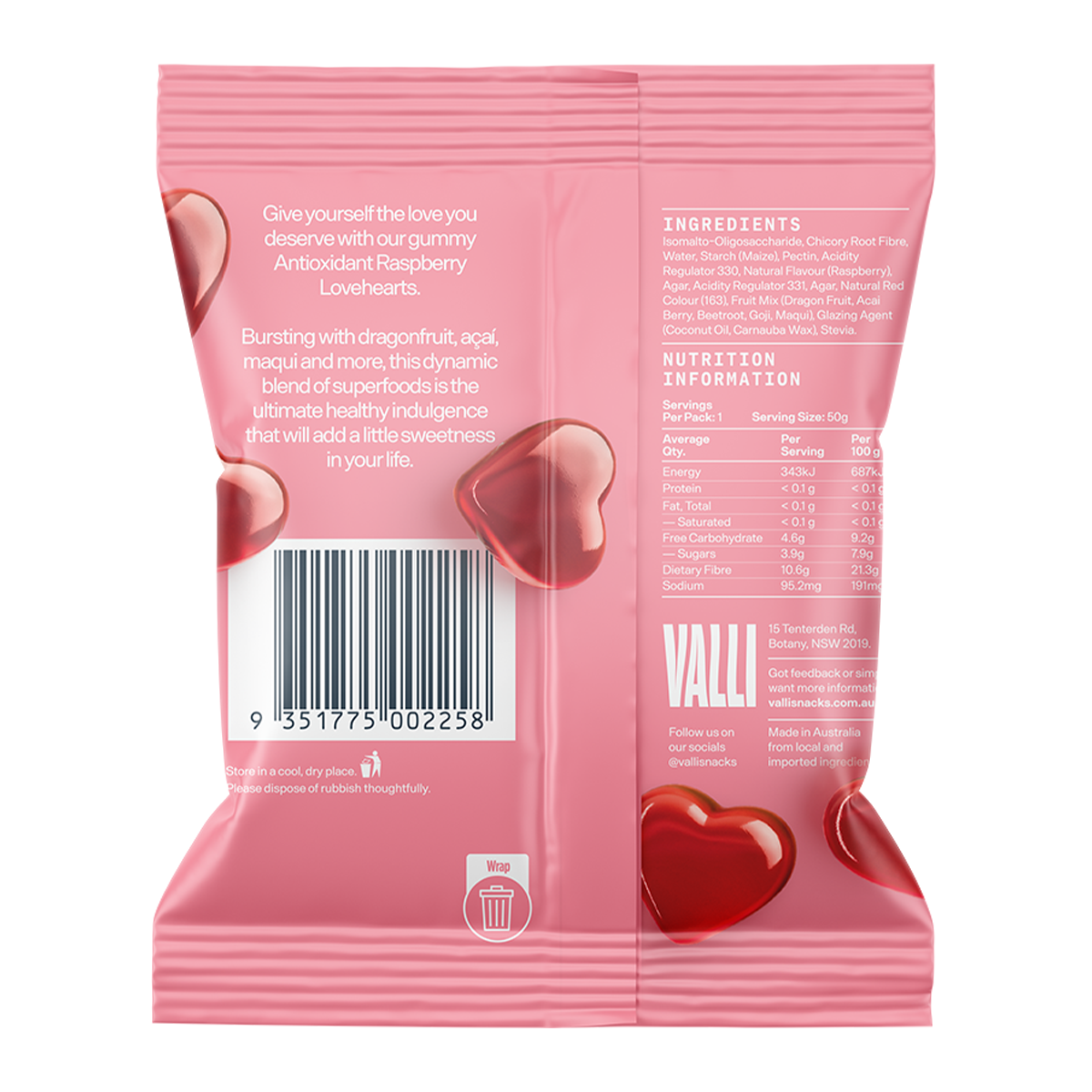 Vali Gummies Raspberry Love Hearts 50g