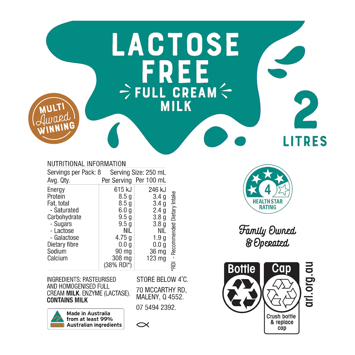 Maleny Dairies Lactose Free Full Cream Milk 2L