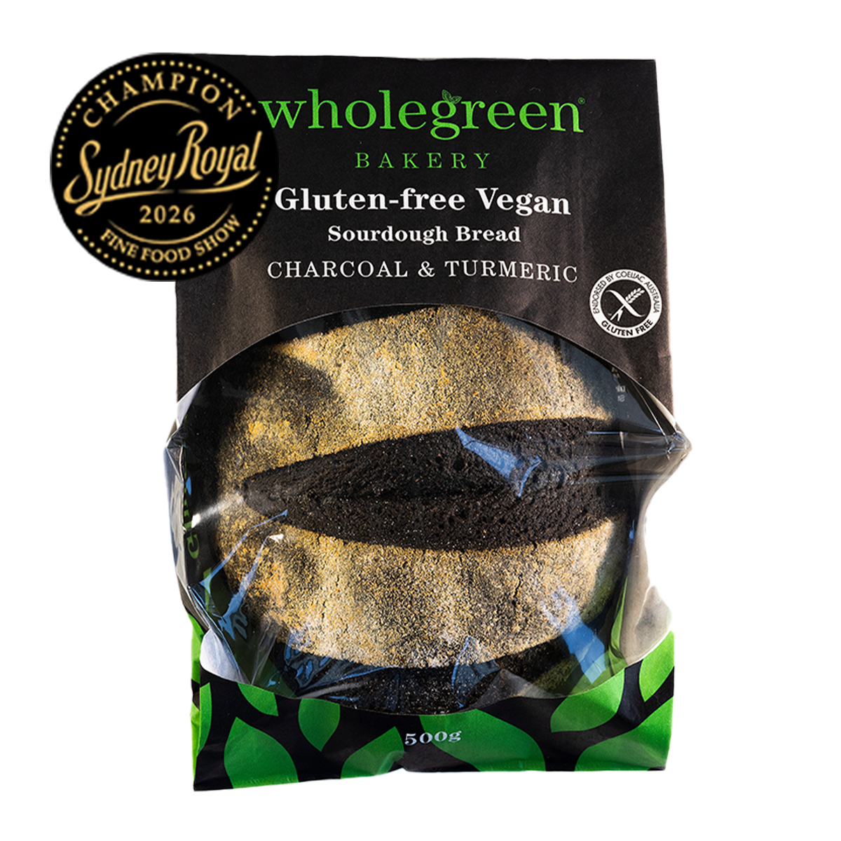Wholegreen Bakery Gluten Free Vegan Charcoal and Turmeric Sourdough Bread 500g