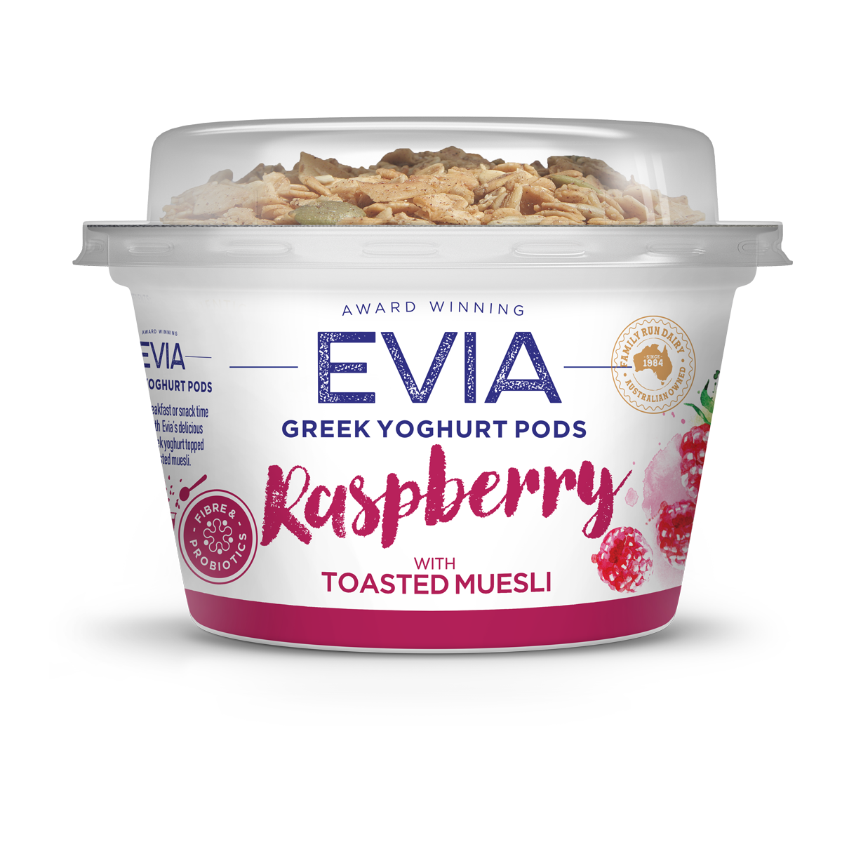 Evia Greek Yoghurt Pods Raspberry with Toasted Muesli 170g