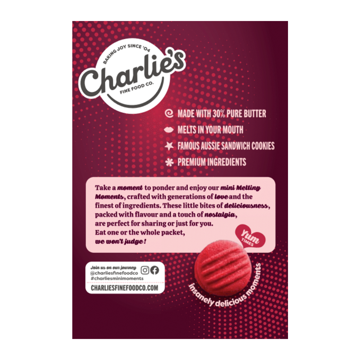 Charlies Biscuits Raspberry Bliss Melting Moments 100g