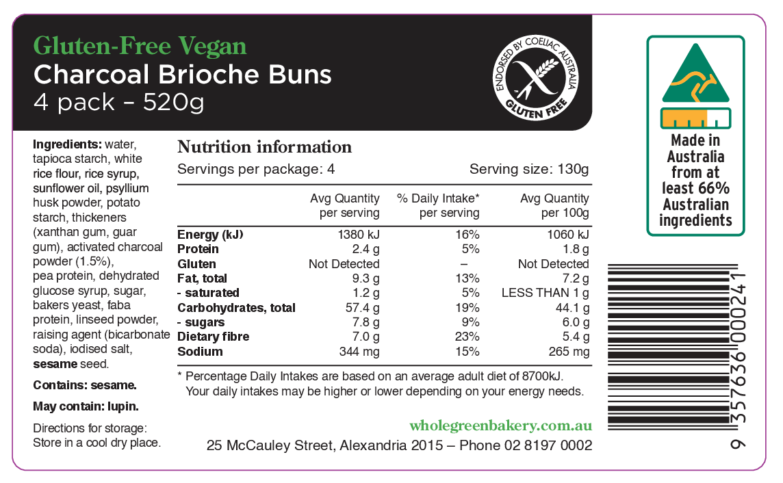 Wholegreen Bakery Gluten Free Vegan Brioche Buns Charcoal 520g