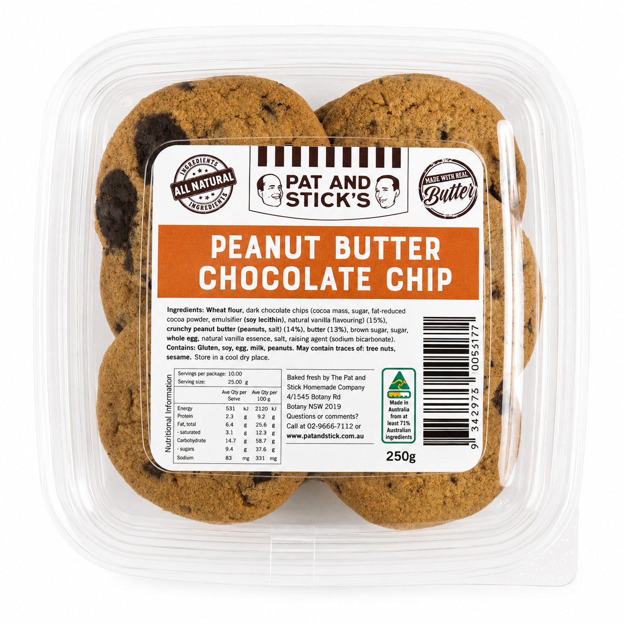 Pat and Stick's Peanut Butter Chocolate Chip Cookies 200g