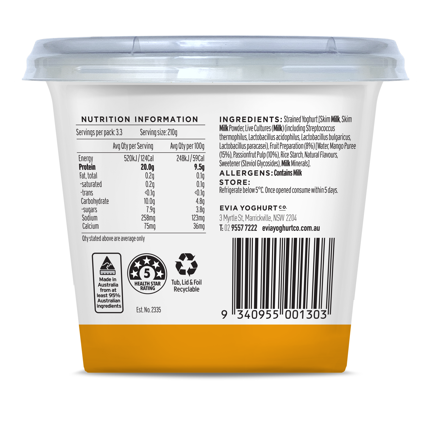 Evia Protein Yoghurt Mango Passionfruit 700g