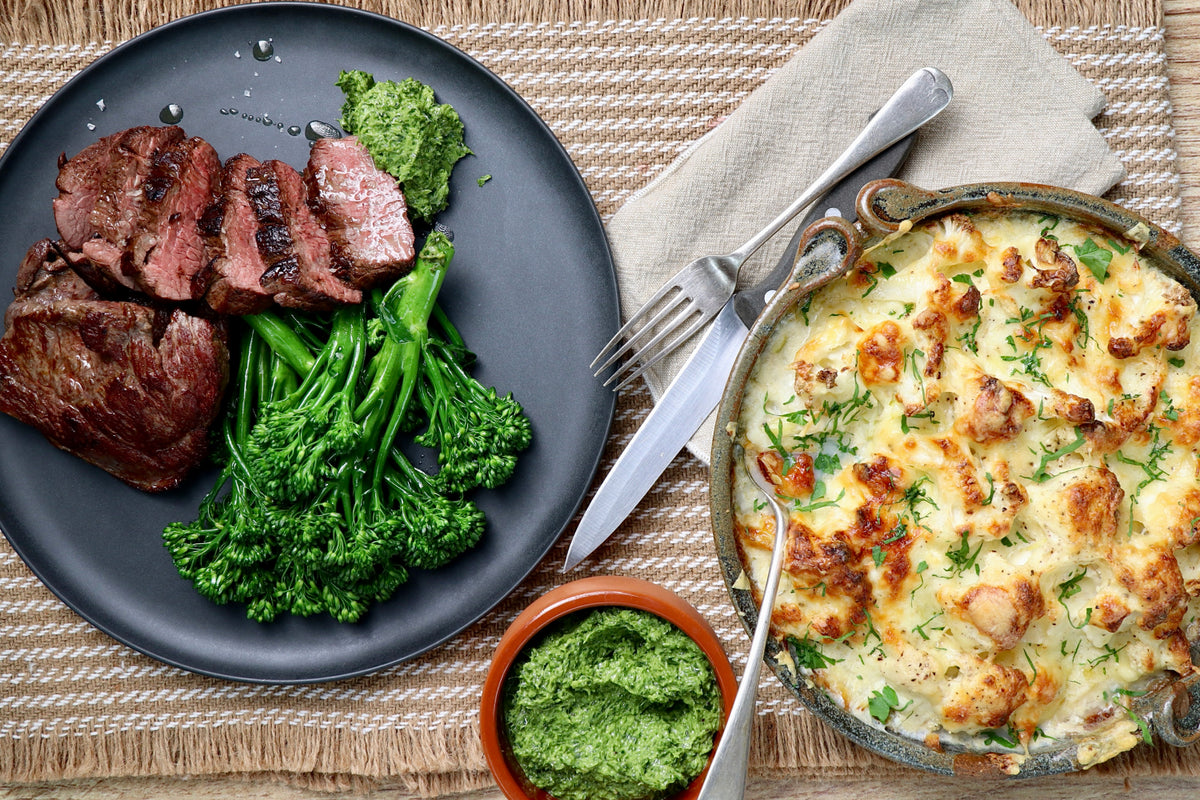 Kangaroo Steak with Cauliflower Gratin and Salsa Verde Harris Farm