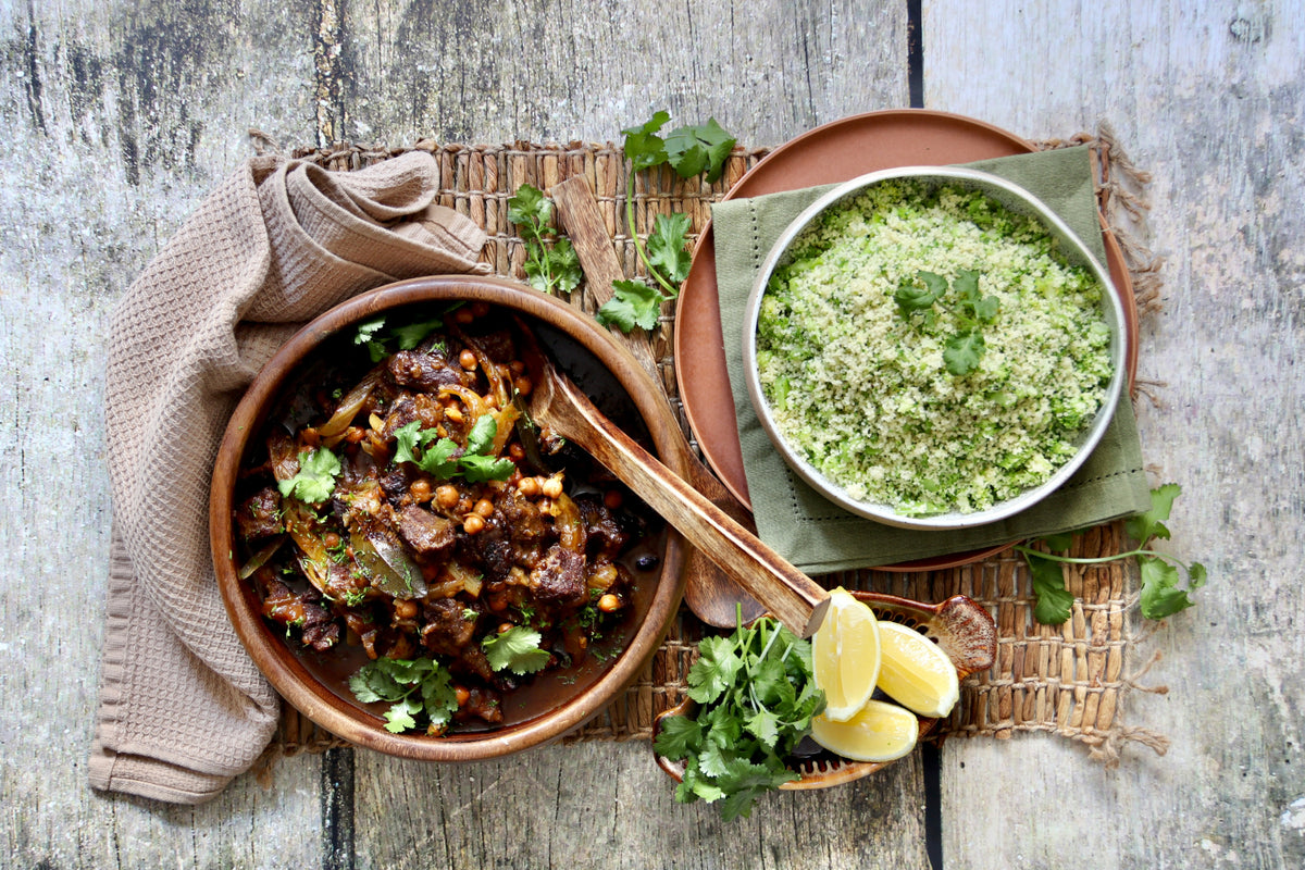 Middle Eastern Braised Beef Cheeks with Broccoli and Lemon Couscous