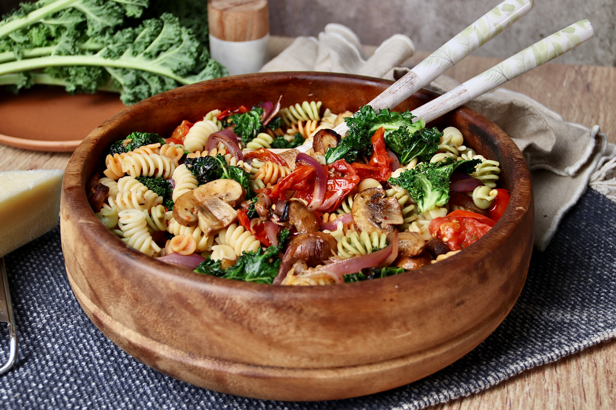 Organic Fusilli with Mushrooms, Roasted Tomatoes and Kale