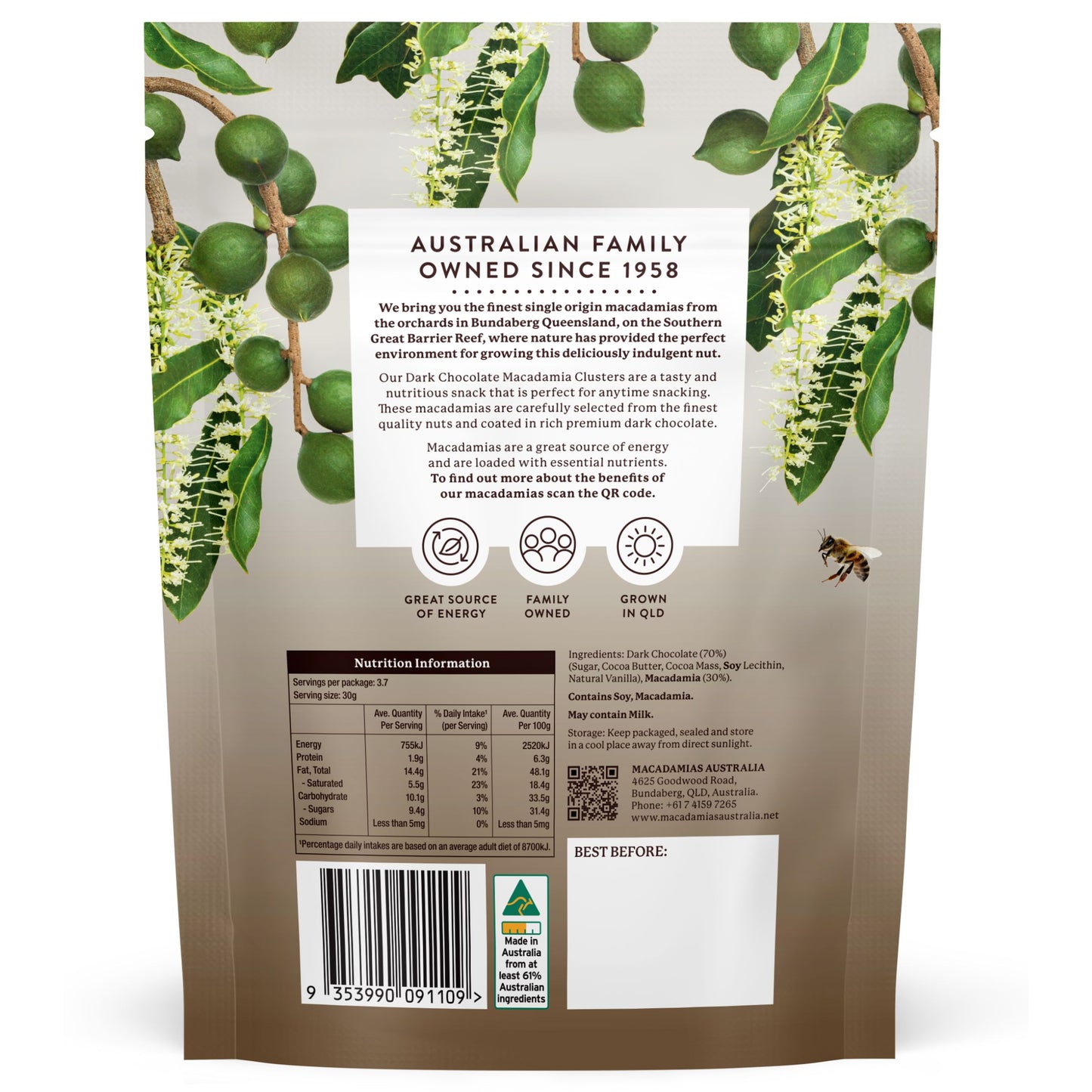 Macadamias Australia Dark Chocolate Macadamia Clusters 110g