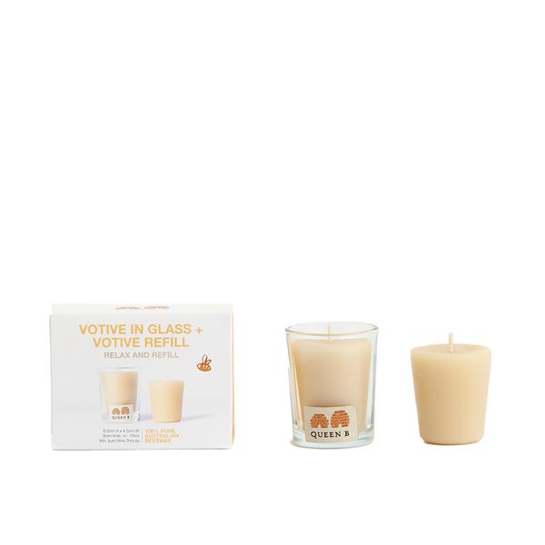 Queen B Beeswax Candle Round Votive in Glass with Refill Pack