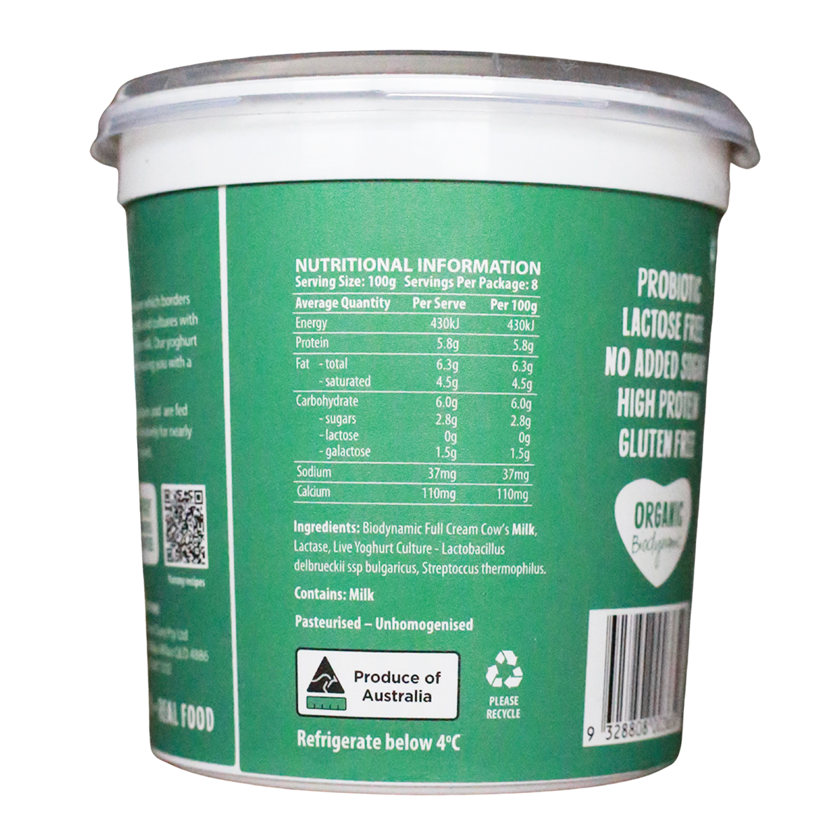 Mungalli Creek Dairy Organic Yogurt Natural Greek 800g