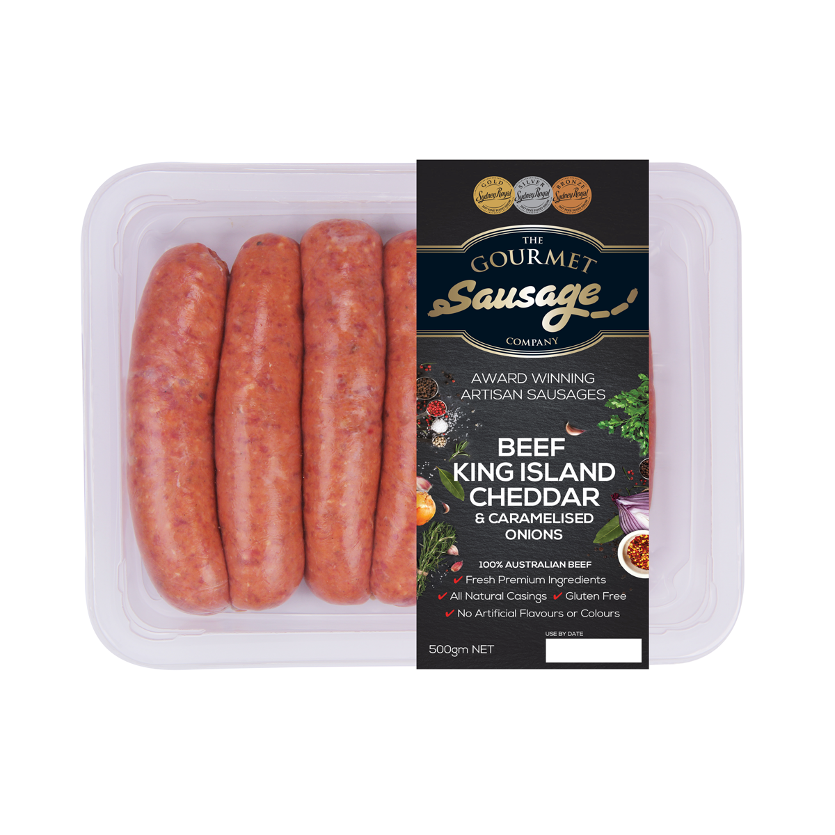 The Gourmet Sausage Beef King Island Cheddar and Caramelised Onion Sausages 500g
