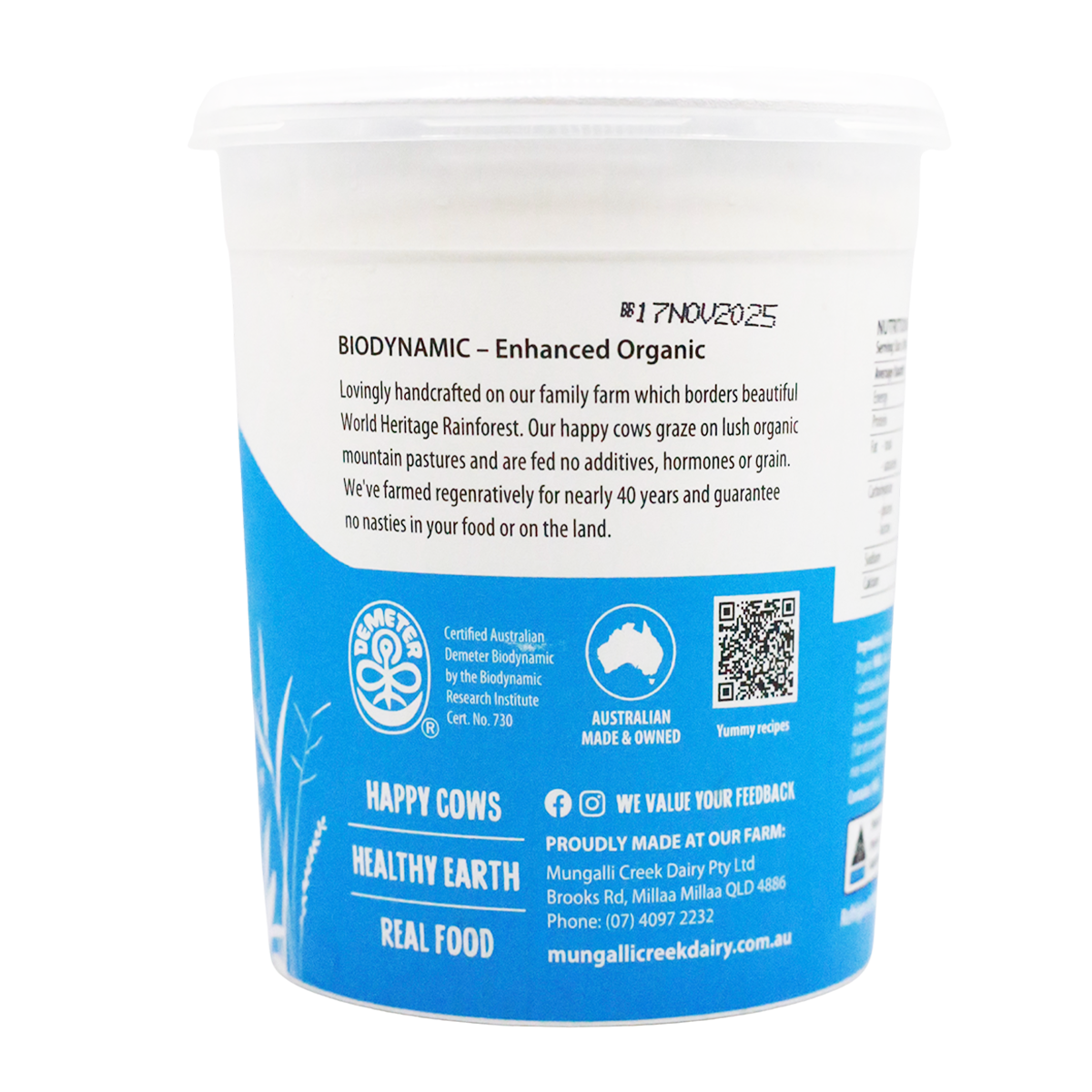 Mungalli Creek Dairy Organic Yogurt Natural Lactose Free 1kg