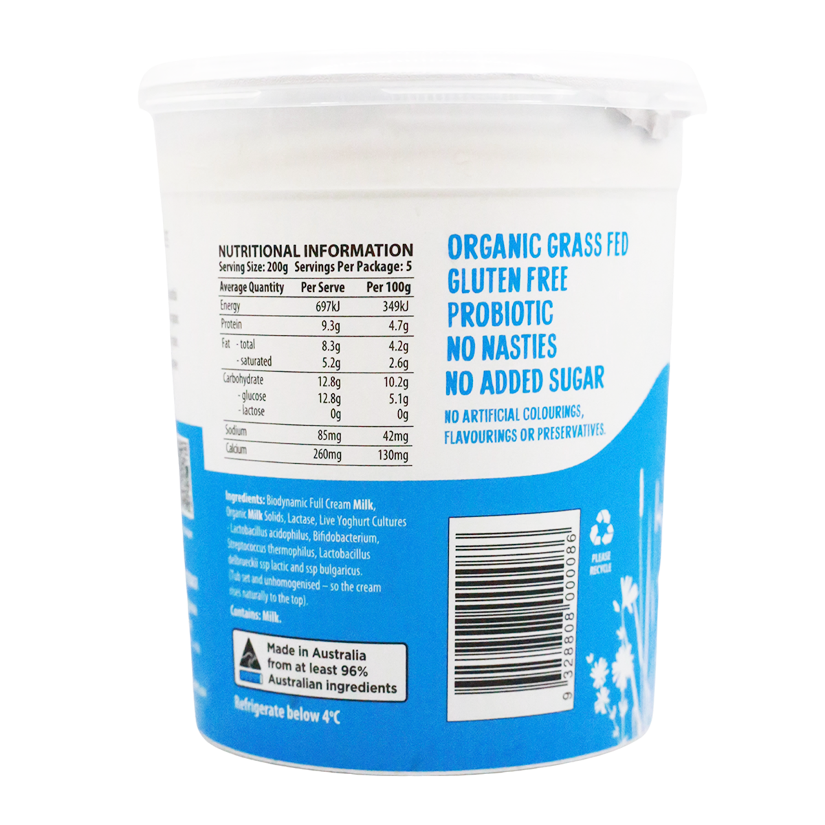 Mungalli Creek Dairy Organic Yogurt Natural Lactose Free 1kg