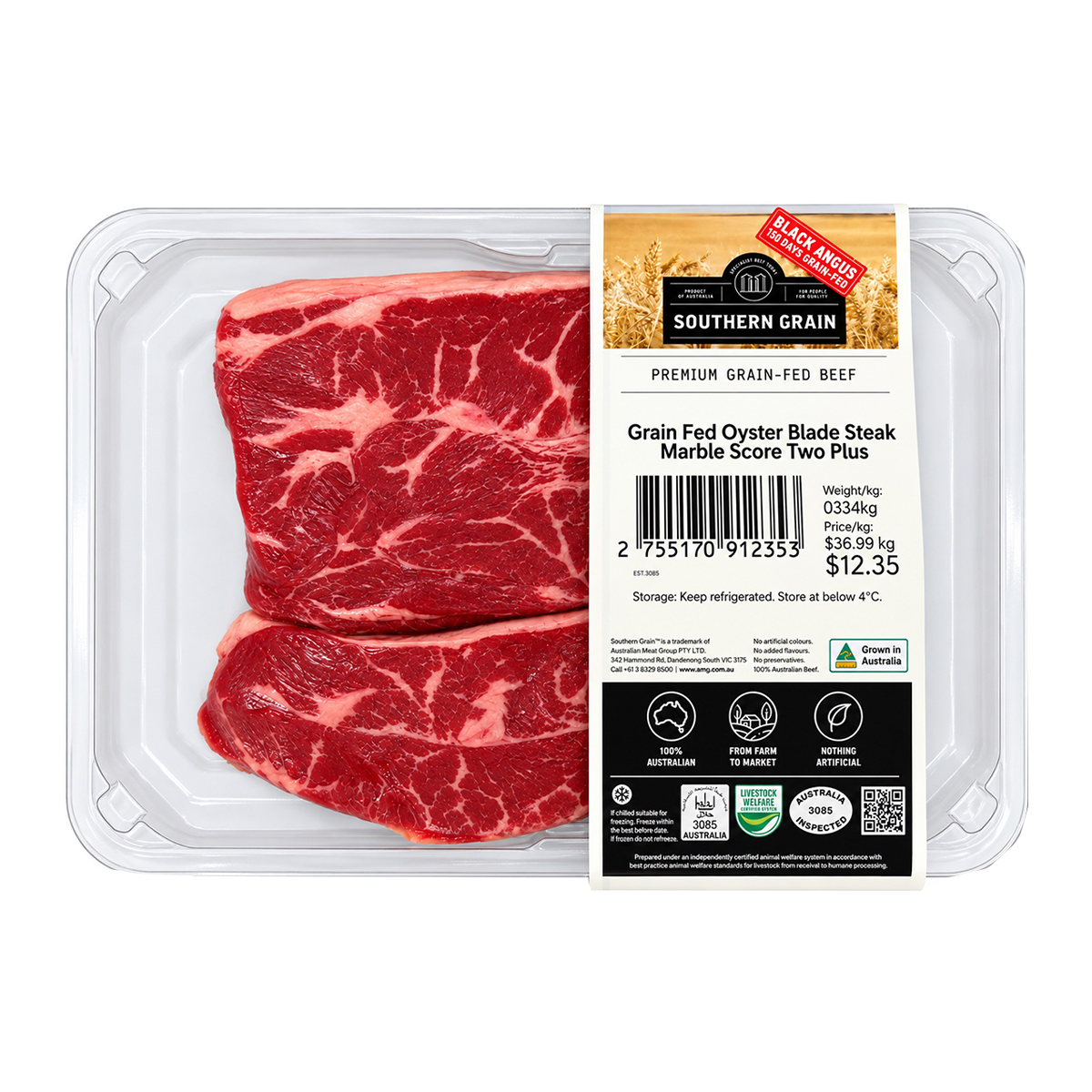 Southern Grain Premium Grain Fed Beef MB2 Oyster Blade Steak 250-350g