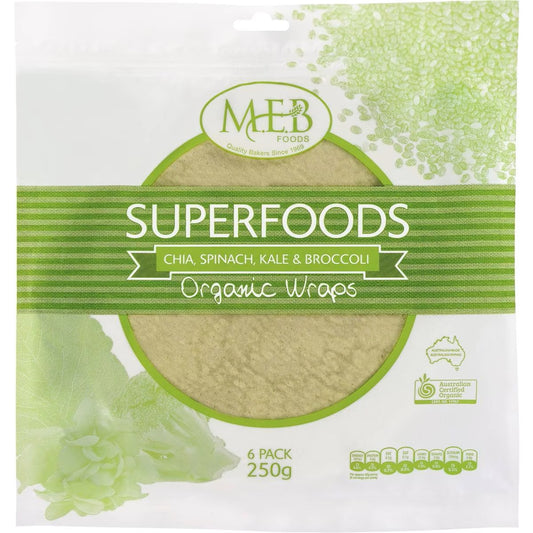 MEB foods Organic Chia, Spinach, Kale and Broccoli Wraps x6 250g