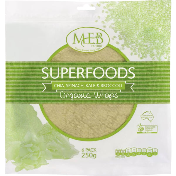 MEB foods Organic Chia, Spinach, Kale and Broccoli Wraps x6 250g