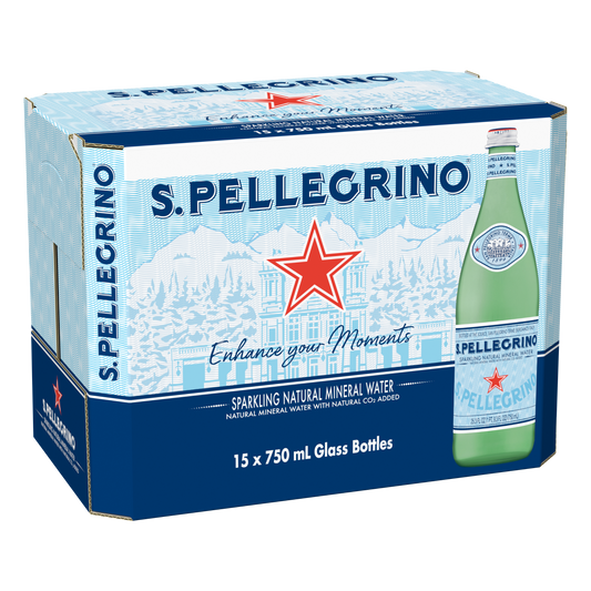 San Pellegrino Sparkling Natural Mineral Water Glass Bottle Twist Top Case 15 x 750ml