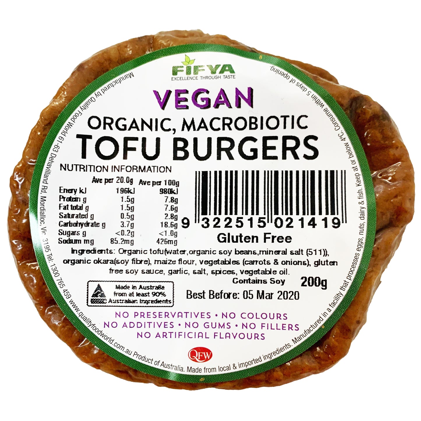 Fifya Vegan Organic Macrobiotic Tofu Burger x2 200g
